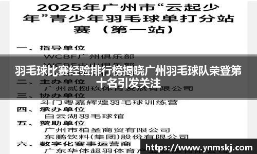 羽毛球比赛经验排行榜揭晓广州羽毛球队荣登第十名引发关注
